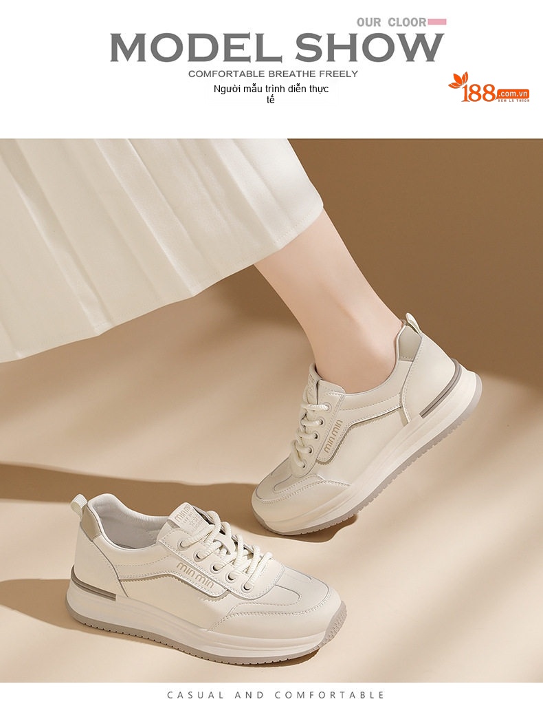 Giày Thể Thao Nữ Da Thật Đế Dày Chiều Cao Đế Khoảng 4cm Màu Trắng chi tiết 8