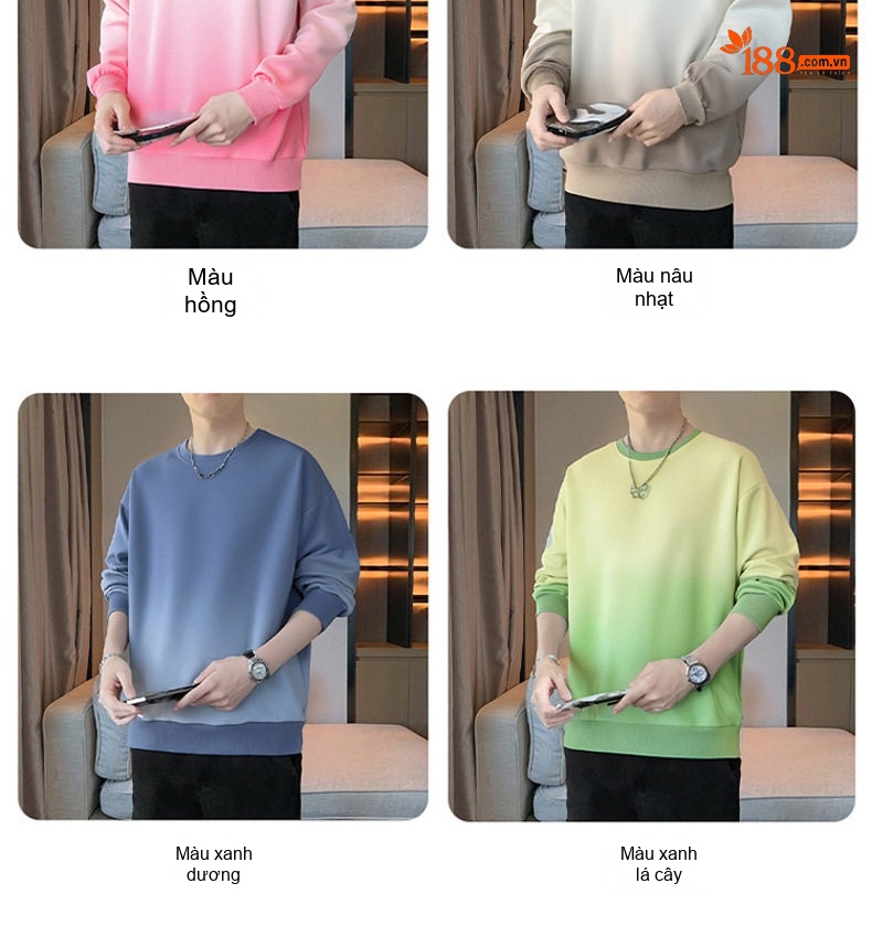 Áo Thun Dài Tay Nam Cổ Tròn Form Rộng Phong Cách Retro Màu Xanh Dương Ombre, Trắng Ombre, Xanh Lá Ombre, Hồng Ombre... chi tiết 7