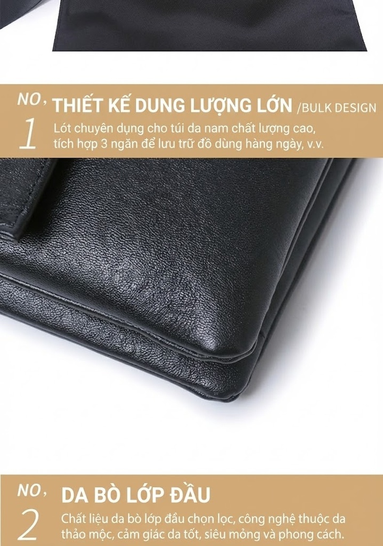 Túi Đeo Vai Nam Da Bò Phong Bì Thời Trang Công Sở Ipad Mỏng Nhẹ Màu Đen chi tiết 15