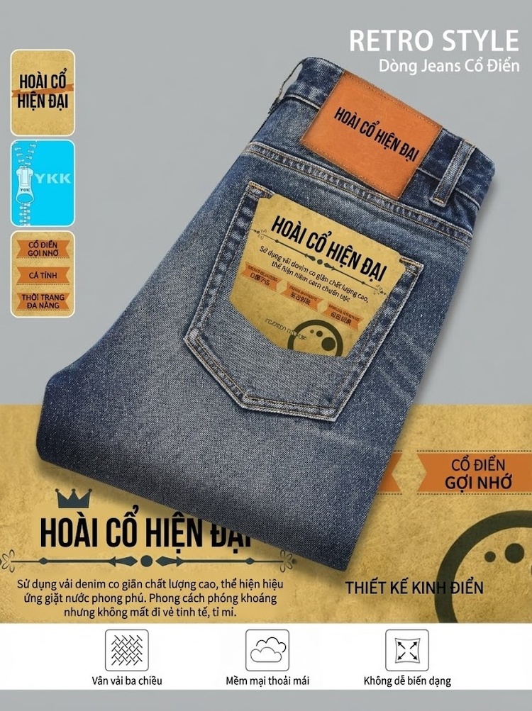 Quần Jean Nam Ống Đứng Co Giãn Vừa Vặn Phong Cách Retro Màu Xanh Denim