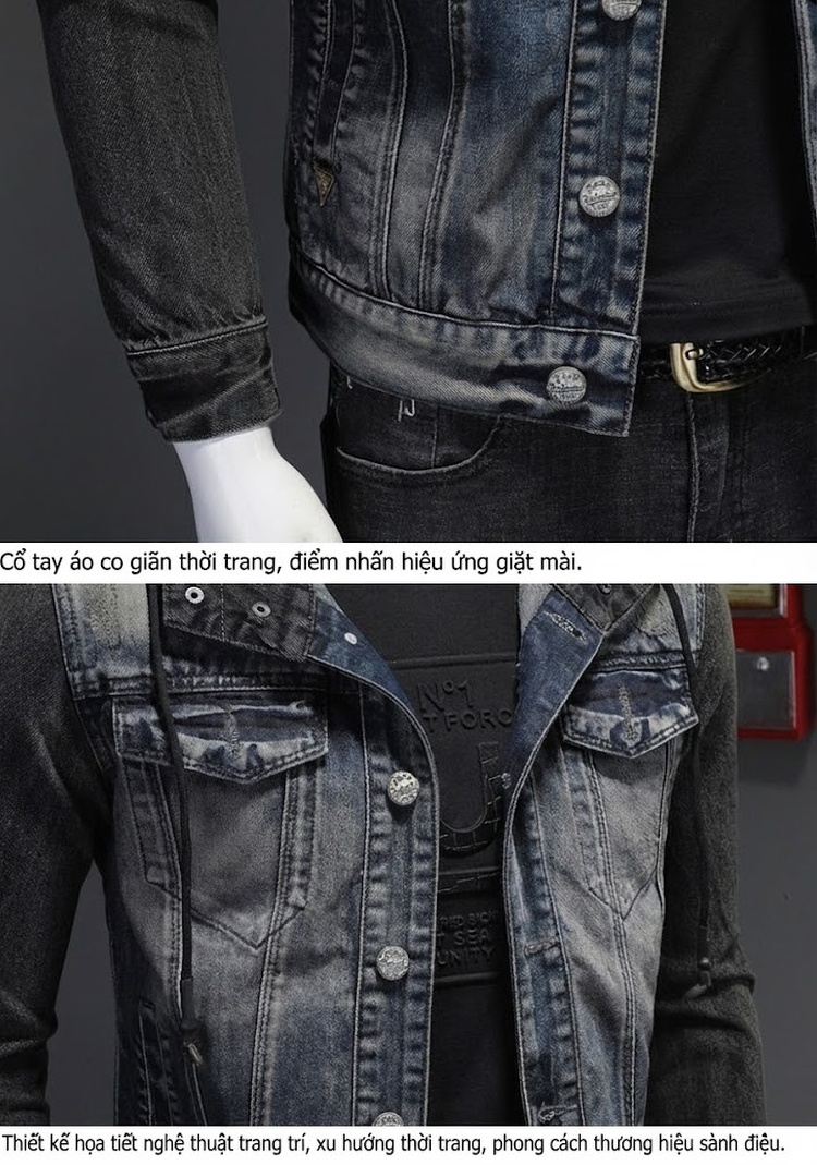 Áo Khoác Jean Nam Có Mũ Trùm Đầu Dáng Rộng Màu Xanh Đen chi tiết 6