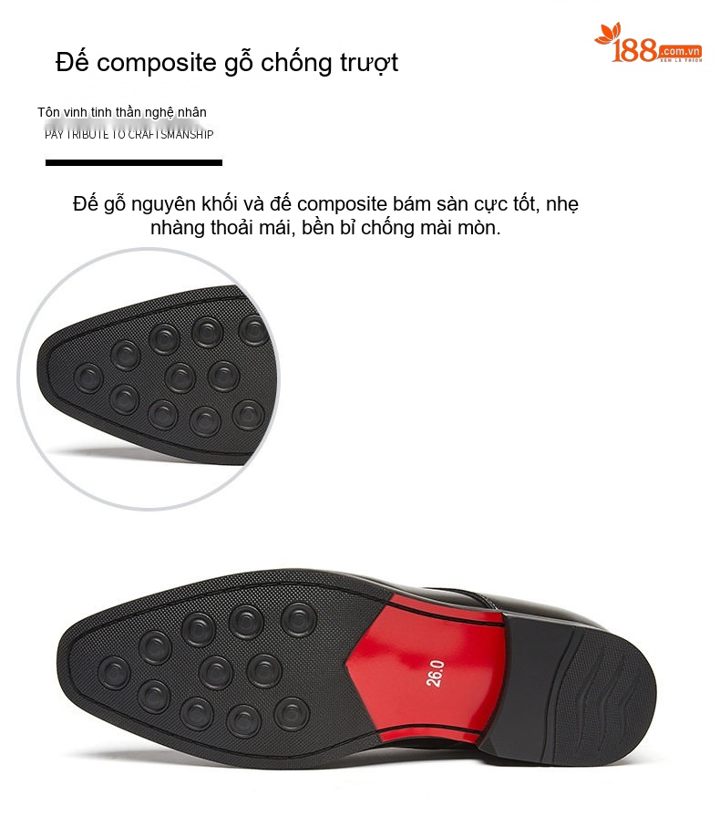 Giày Tây Buộc Dây Nam Da Bóng Chiều Cao Đế Khoảng 3cm Màu Đen, Nâu chi tiết 8