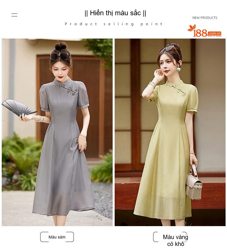 Váy Đầm Trung Hoa Cách Tân, Cổ Điển, Dáng Ôm Màu Tím, Xám, Xanh Lá chi tiết 11