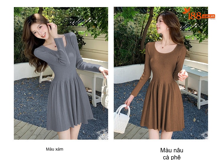 Váy Dệt Kim Dài Tay Nữ Thu Đông dáng chữ A Chiết Ly Ôm Eo Màu Xám, Đen, Nâu, Kem chi tiết 5