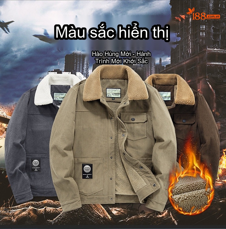 Áo Khoác Bông Nam Lót Lông Cừu Dáng Rộng Cổ Bẻ Màu Be, Nâu, Xám chi tiết 7