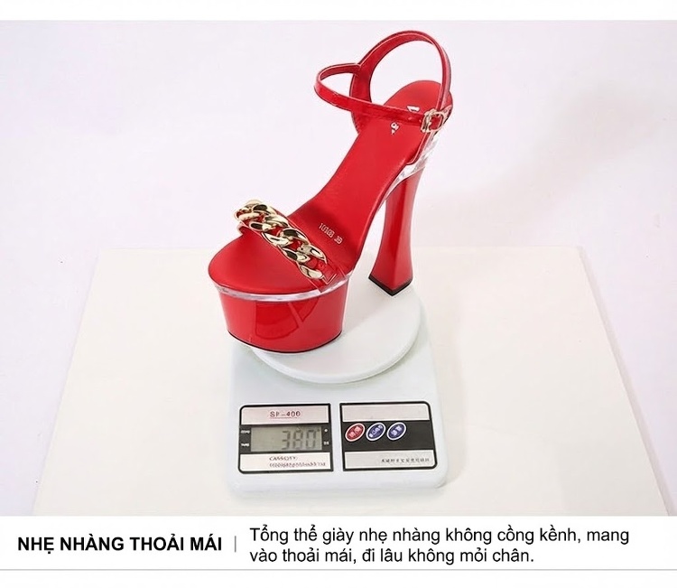 Giày Sandal Cao Gót Nữ Quai Ngang Mắt Xích Gót Cao 10cm - 12cm Màu Đen, Đỏ, Trắng, Hồng... chi tiết 9