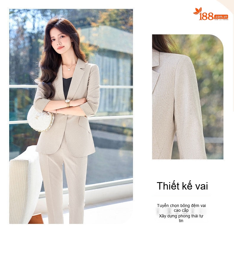 Bộ Vest Công Sở Nữ Tay Lỡ Quần Dài Phong Cách Hàn Quốc Màu Xanh, Hồng, Kaki chi tiết 4
