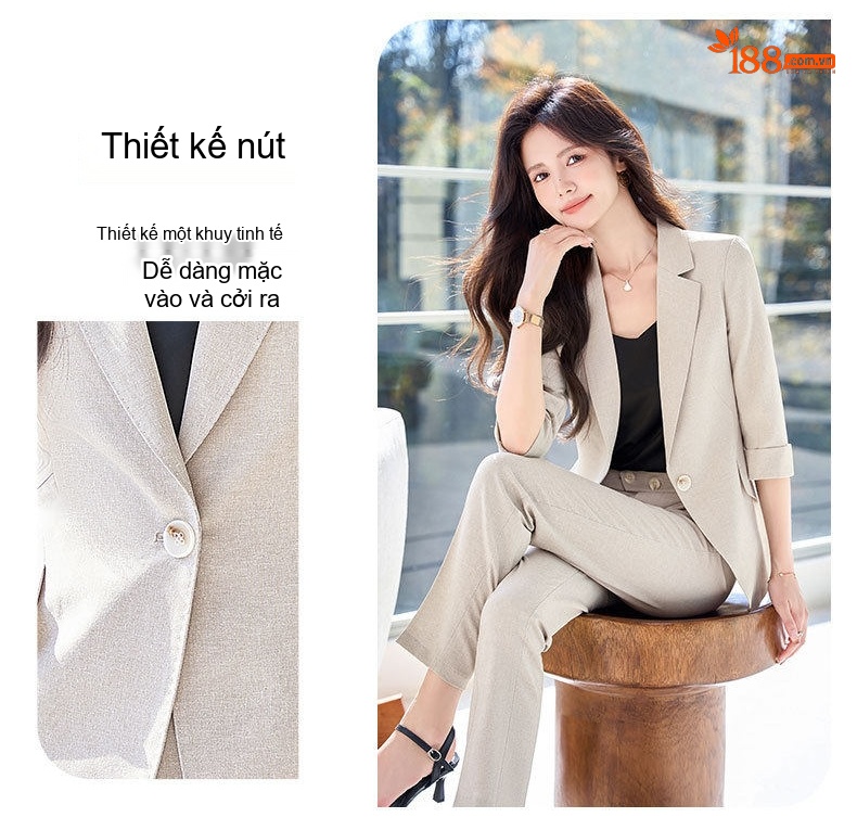 Bộ Vest Công Sở Nữ Tay Lỡ Quần Dài Phong Cách Hàn Quốc Màu Xanh, Hồng, Kaki chi tiết 5