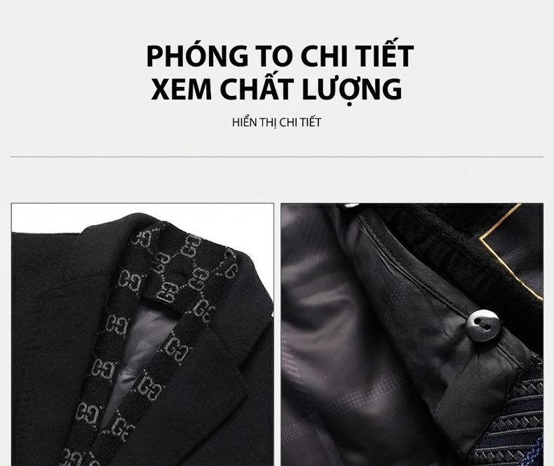 Áo Khoác Dạ Nam Dáng Dài Lót Lông Vũ Trắng Có Khăn Choàng Cổ Màu Xám, Đen chi tiết 3