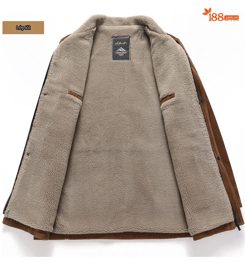 Áo Khoác Nam Lót Lông Cừu Non Cotton Gân Dày Dặn Dáng Dài Màu Nâu, Đen, Xanh Rêu chi tiết 9