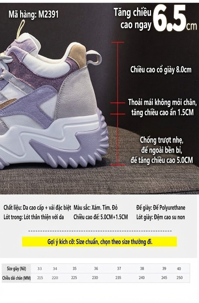 Giày Sneaker Nữ Da Mờ Đế Dày Phong Cách Ulzzang Chiều Cao Đế Khoảng 5cm Màu Trắng, Hồng, Tím, Xám... chi tiết 5