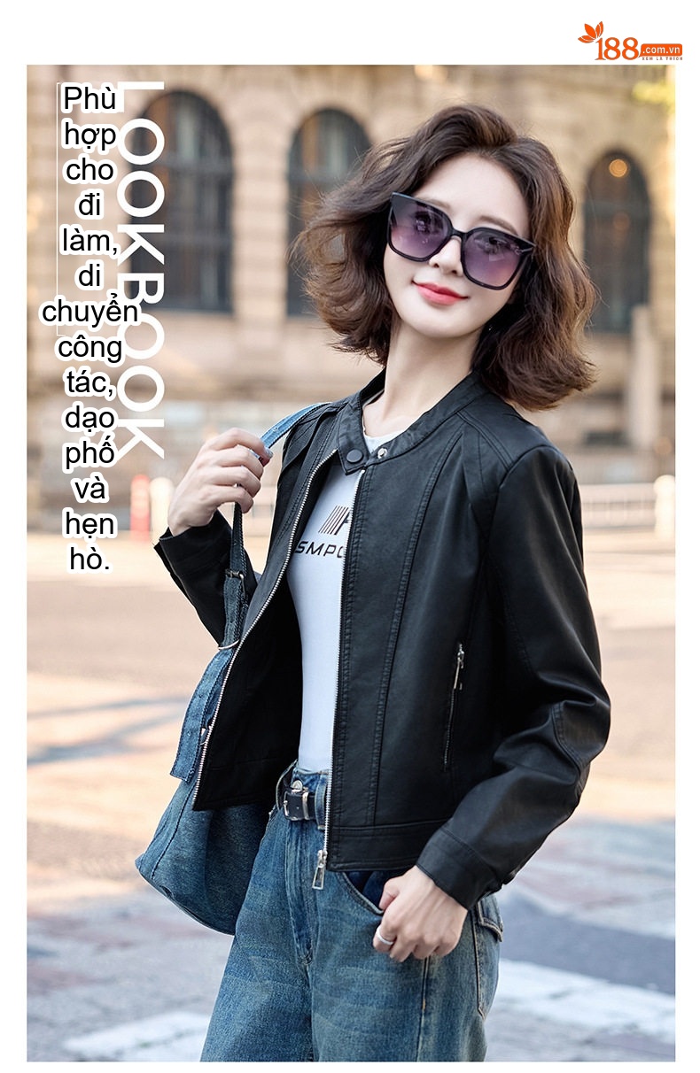 Áo Khoác Da Kiểu Bomber Nữ Dáng Ngắn Da Bóng Màu Đen, Nâu chi tiết 4