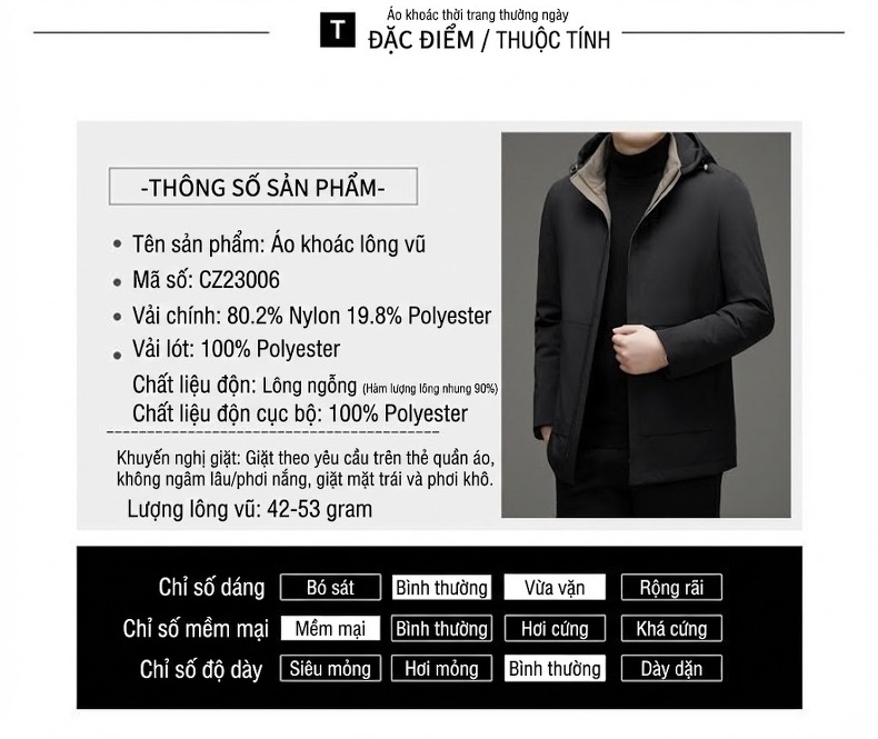 Áo Khoác Phao Nam Milk Silk 90% Lông Ngỗng Xám Mỏng Nhẹ Có Mũ Màu Xanh Navy chi tiết 12