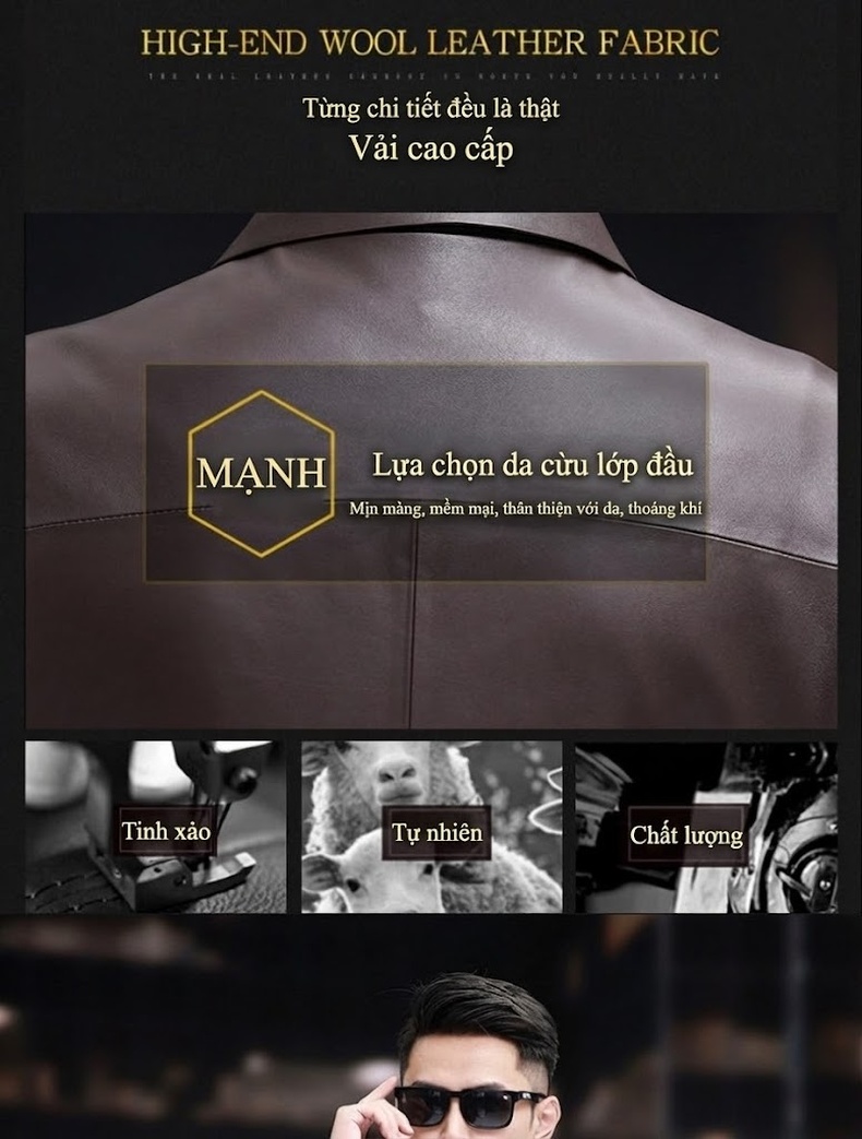 Áo Khoác Da Nam Da Cừu Lót Trong Tháo Rời Cổ Bẻ Màu Đen, Nâu chi tiết 3