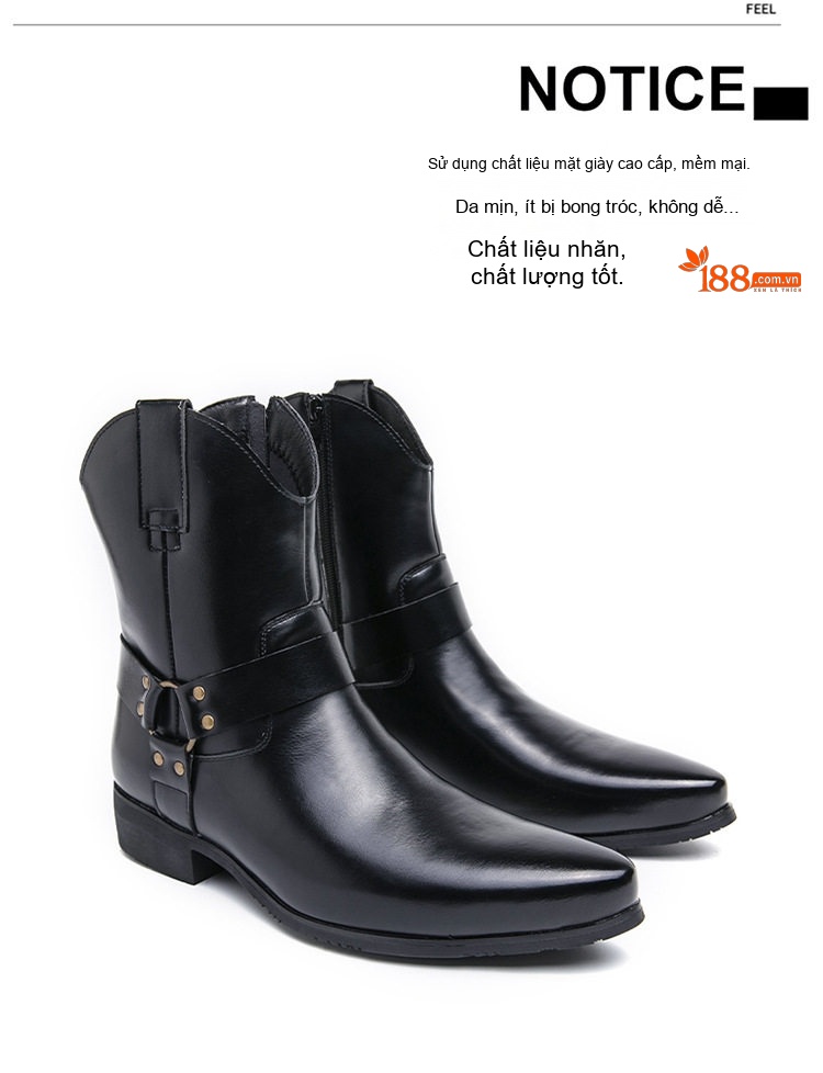 Giày Boot Martin Nam Cổ Cao Khóa Kéo Da Bóng Mũi Nhọn Chiều Cao Đế Khoảng 3cm Màu Đen, Nâu chi tiết 4