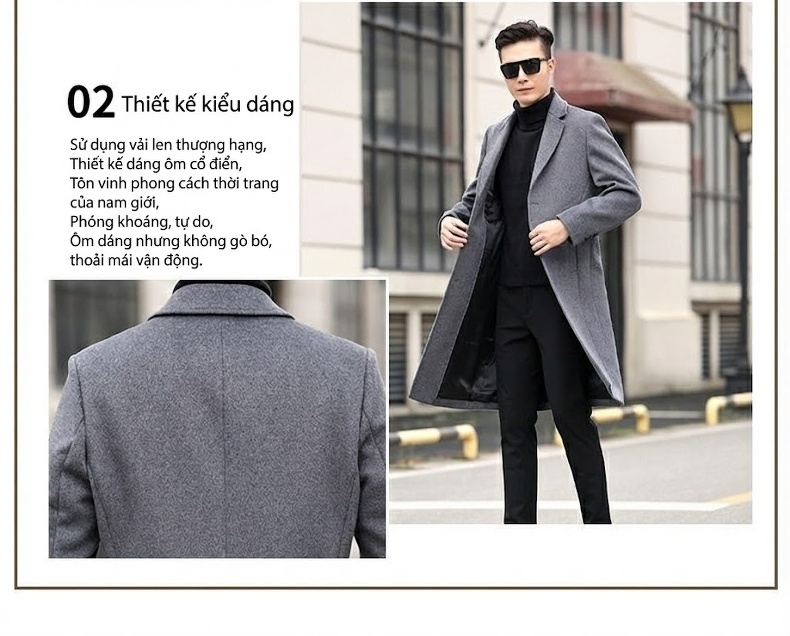Áo Khoác Dạ Nam Dáng Dài Business Casual Màu Đen, Xám chi tiết 6