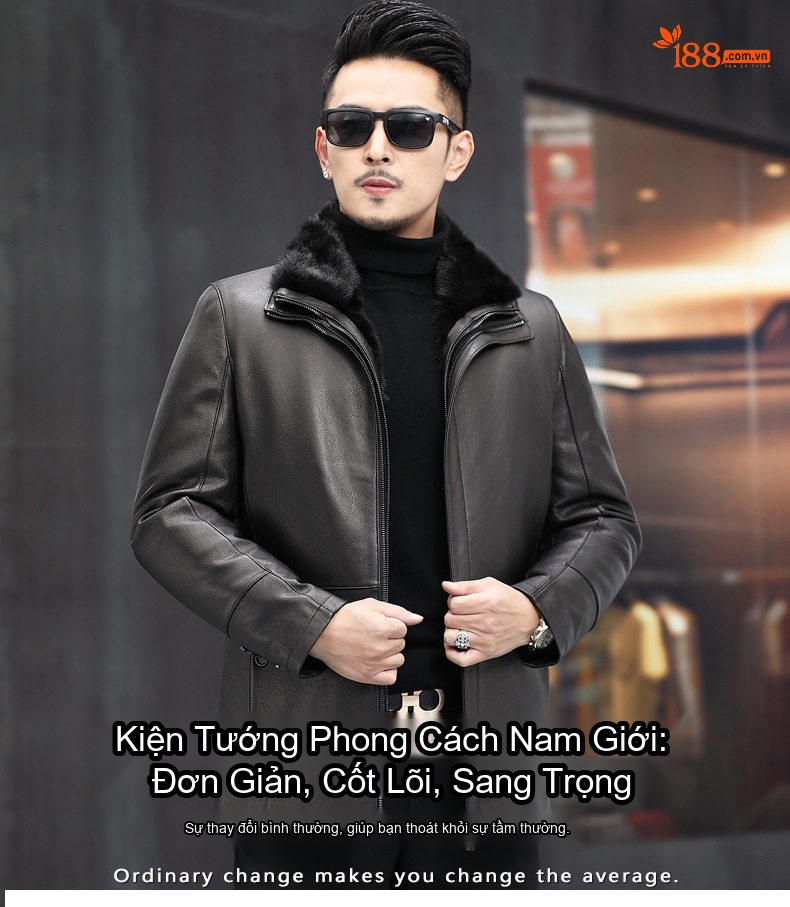 Áo Khoác Da Thật Nam Dáng Dài Lót Lông Chồn Có Thể Tháo Rời Màu Đen chi tiết 1