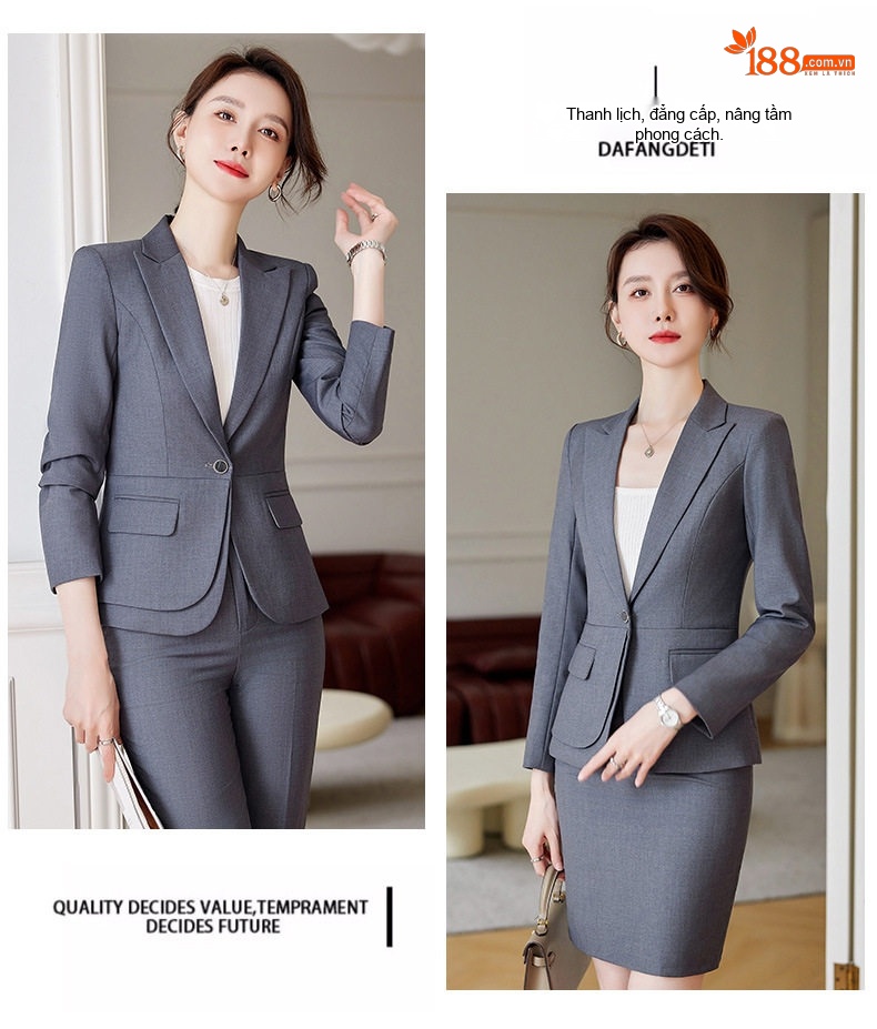 Bộ Vest Công Sở Nữ Thu Đông Dáng Ôm Thanh Lịch Màu Xám, Xanh Navy, Đen chi tiết 8