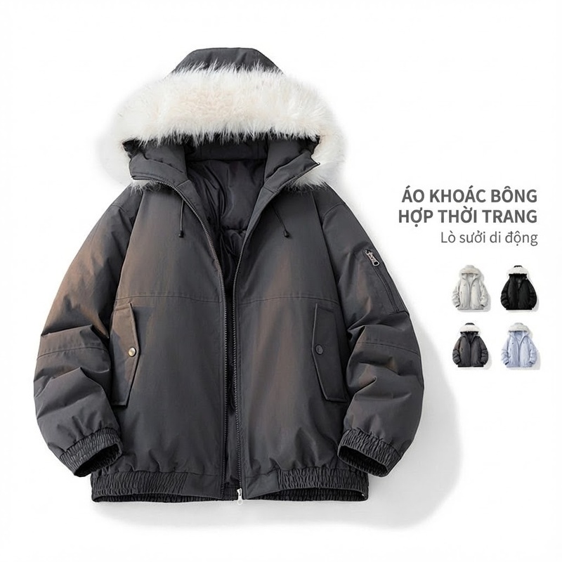 Áo Khoác Parka Nam Nữ Cotton Lót Lông Cừu Giả Cổ Điển Mũ Trùm Đầu Màu Xám, Đen, Trắng, Xanh...