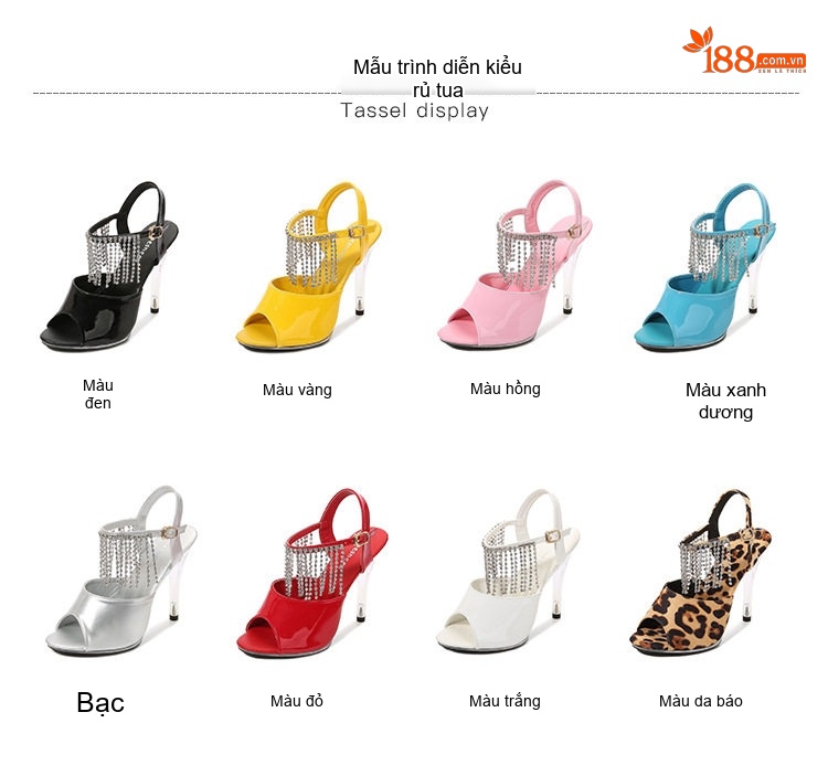 Giày Sandal Cao Gót Nữ Hở Ngón Gót Nhọn Đính Đá Gót Cao 11cm Màu Đen, Đỏ, Vàng, Hồng... chi tiết 2