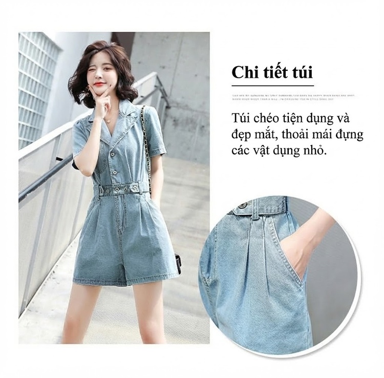 Jumpsuit Quần Short Nữ Jean Cotton Tay Ngắn Cổ chữ Vest Dáng Ôm Phong Cách Hàn Quốc Màu Xanh chi tiết 6