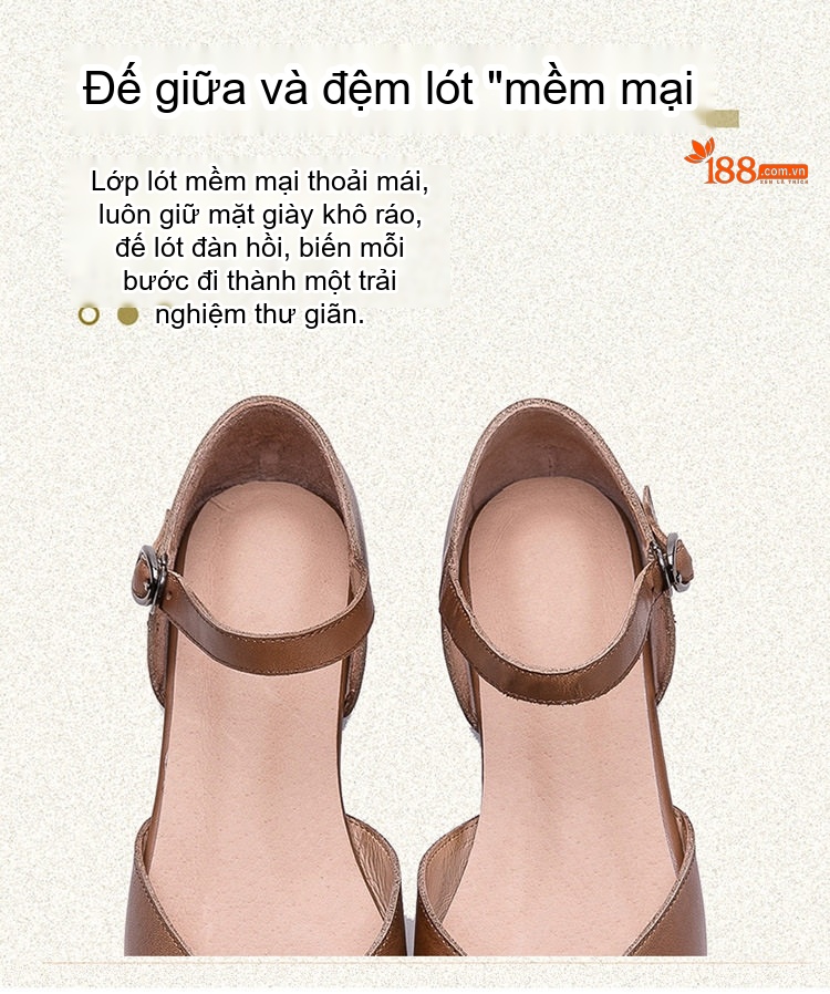 Dép Sandal Nữ Bít Mũi Da Bò Quai Ngang Khóa Cài Đế Cao 3cm - 4cm Màu Kem, Nâu chi tiết 6