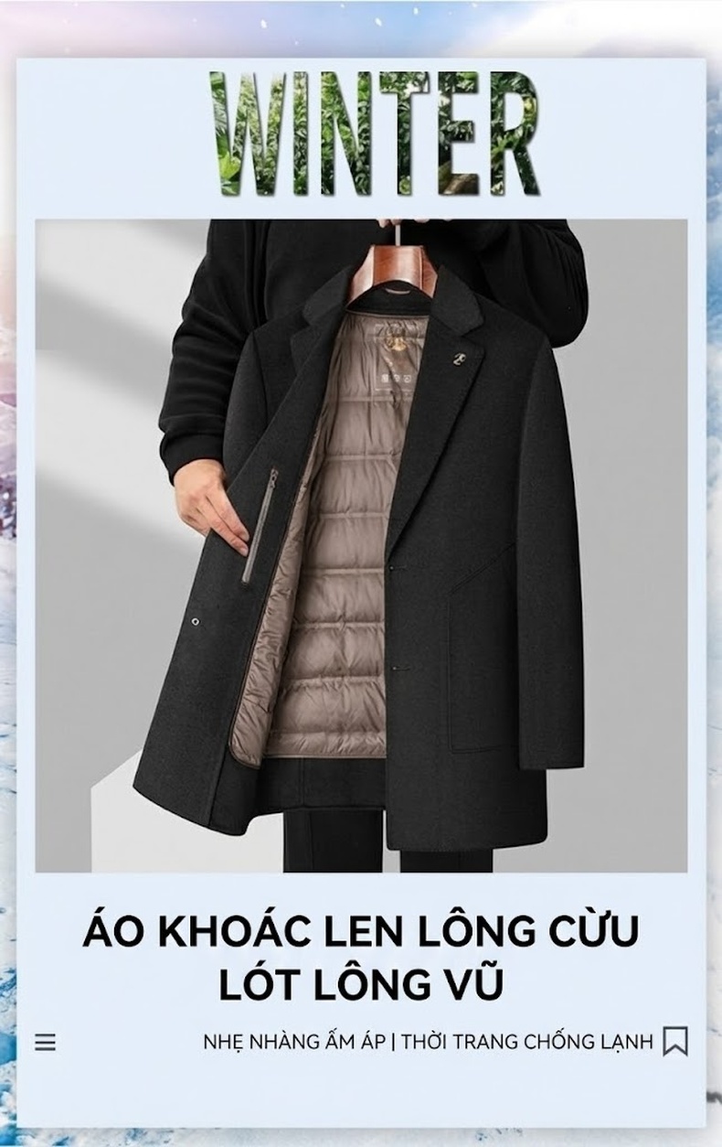 Áo Khoác Dạ Nam Dáng Dài Lót Lông Vũ Cổ chữ Vest Dày Dặn Màu Xám chi tiết 1