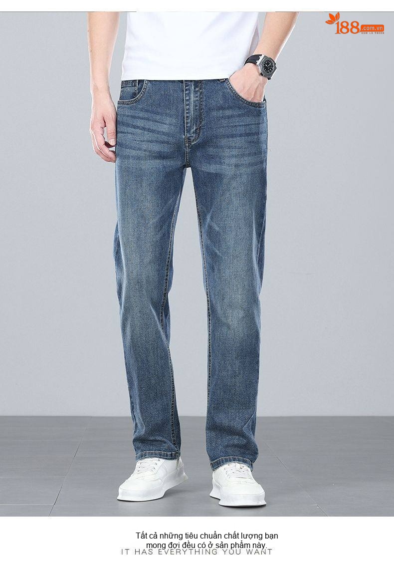 Quần Jean Nam Ống Suông Dáng Rộng Cotton Co Giãn Màu Xanh Nhạt, Xanh Đậm chi tiết 19