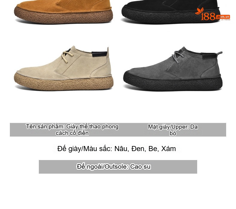 Giày Martin Cổ Cao Nam Da Mờ Chiều Cao Đế Khoảng 3cm Màu Be, Vàng Bò, Đen, Xám chi tiết 5