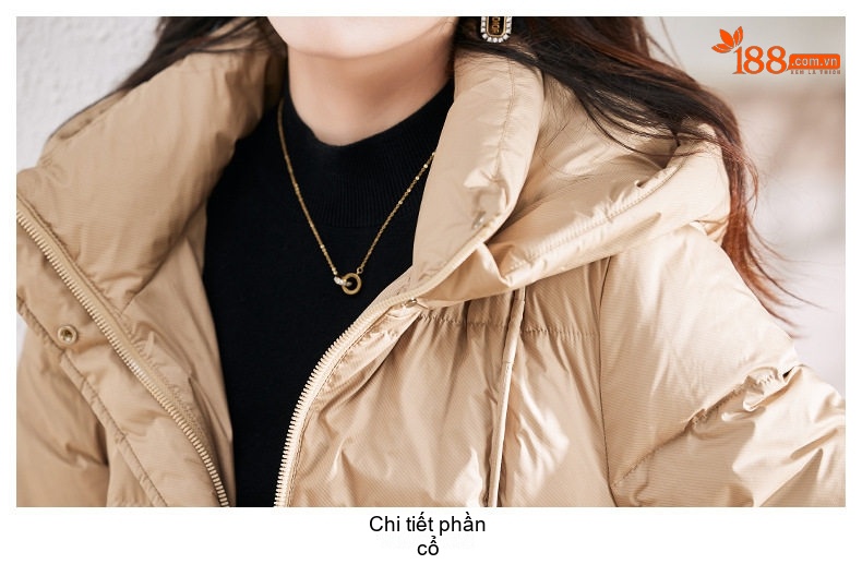 Áo Khoác Phao Nữ Dáng Dài Có Mũ Lông Vũ Trắng Dày Dặn Màu Be, Đen chi tiết 27