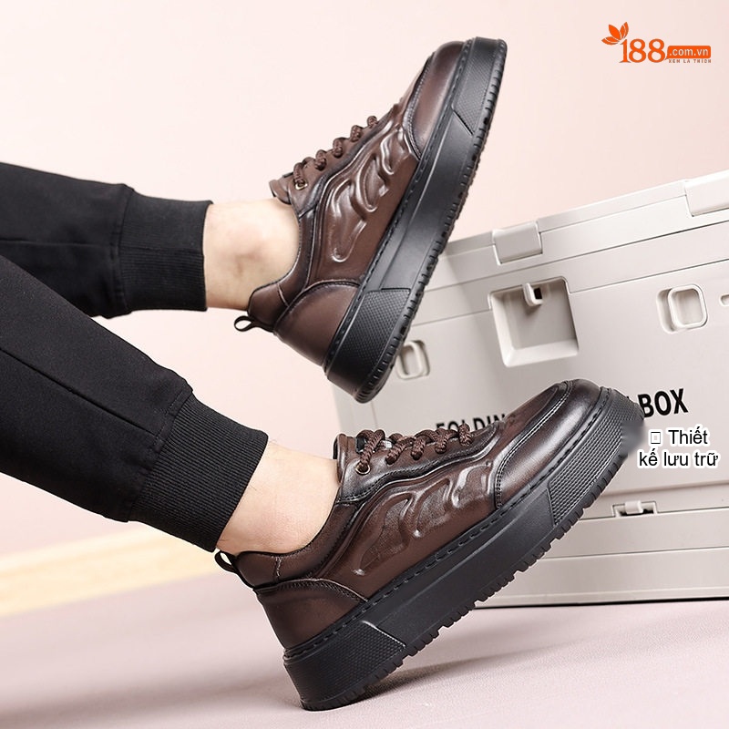 Giày Thể Thao Nam Da Bò Chiều Cao Đế Khoảng 4cm Màu Đen, Nâu