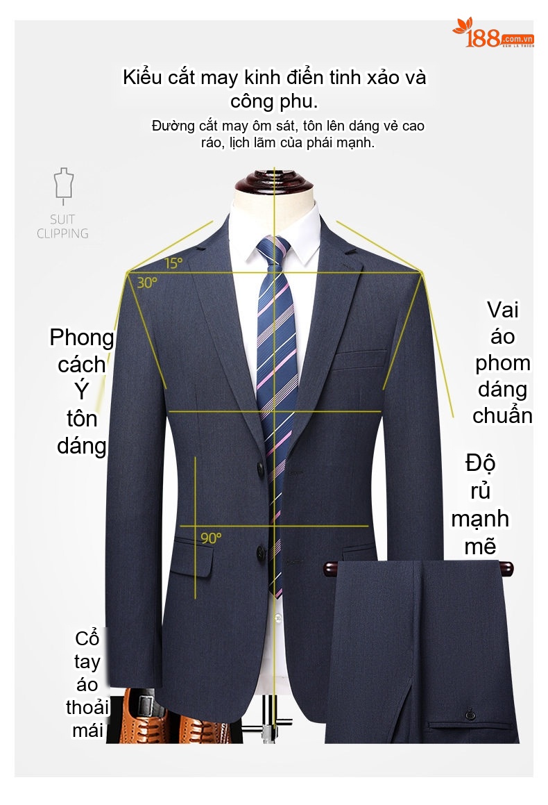 Bộ Vest Nam Wool Lịch Lãm Công Sở Mùa Thu Đông Màu Xanh Navy chi tiết 6