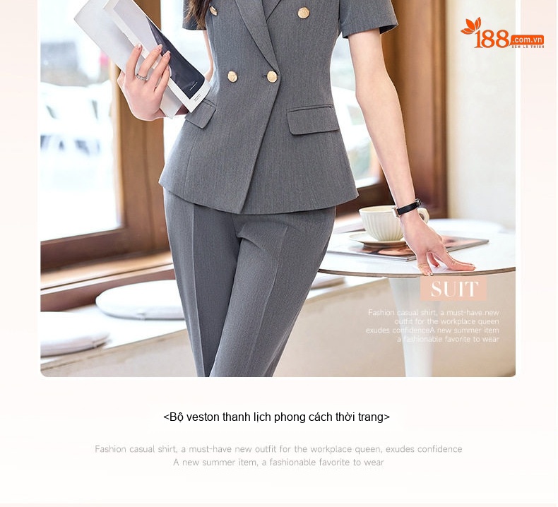 Bộ Vest Công Sở Nữ Tay Ngắn Màu Xám, Đen, Xanh Than (Kèm Quần/Chân Váy) chi tiết 3