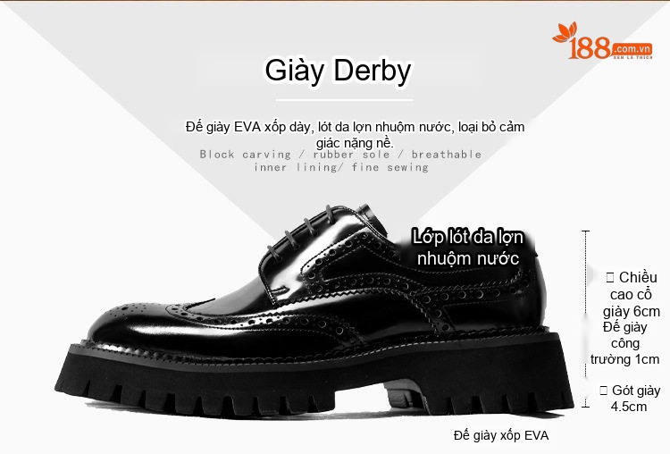 Giày Tây Buộc Dây Nam Da Bò Thời Trang Chiều Cao Đế Khoảng 4cm Phong Cách Brogue Màu Đen chi tiết 3