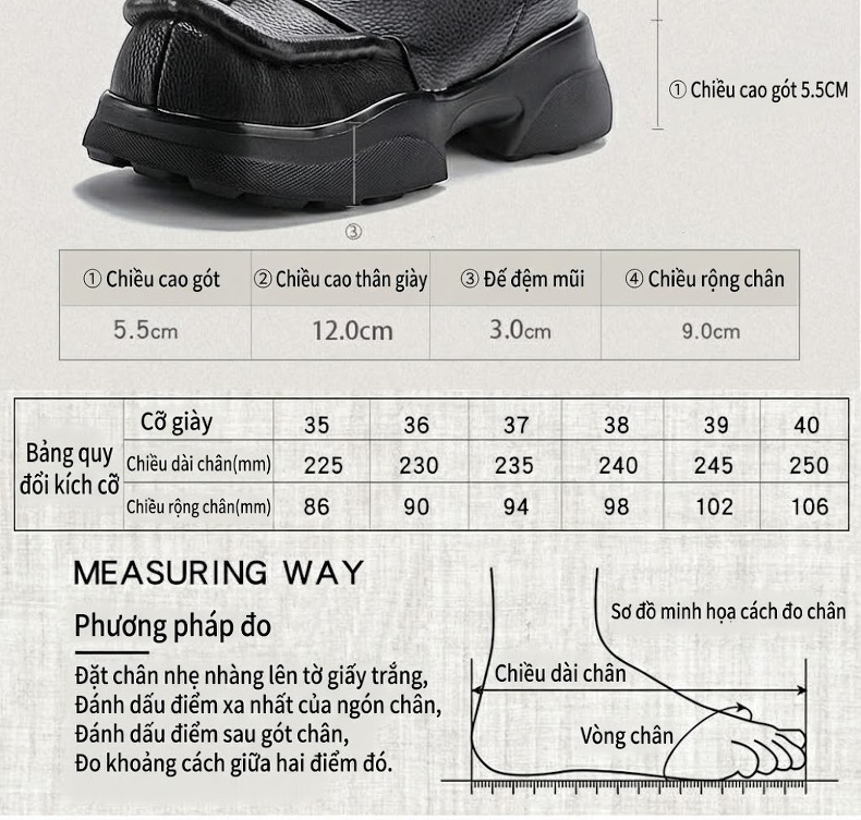 Boot Nữ Da Bò Cổ Ngắn Đế Bánh Mì Chiều Cao Đế Khoảng 5cm Khoá Kéo Sau Màu Đen, Nâu chi tiết 4