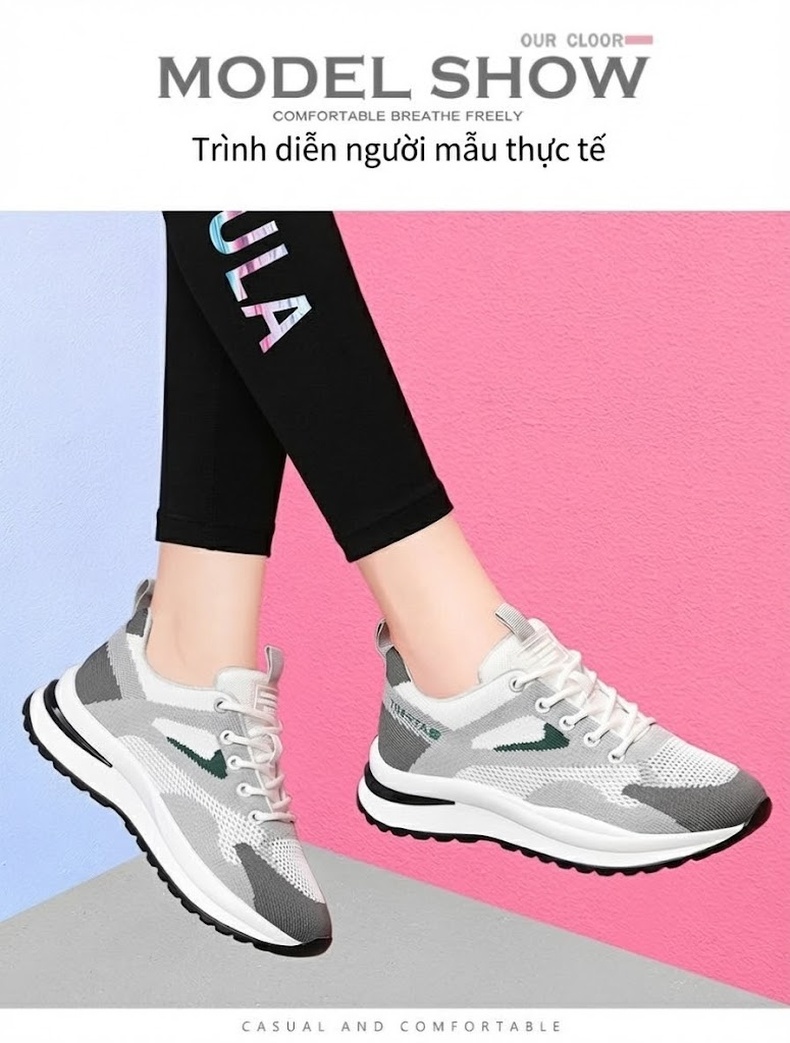 Giày Thể Thao Nữ Lưới Thoáng Khí Đế Mềm Nhẹ Kiểu Dáng Chunky Chiều Cao Đế Khoảng 4cm Màu Trắng, Xám, Đen chi tiết 9