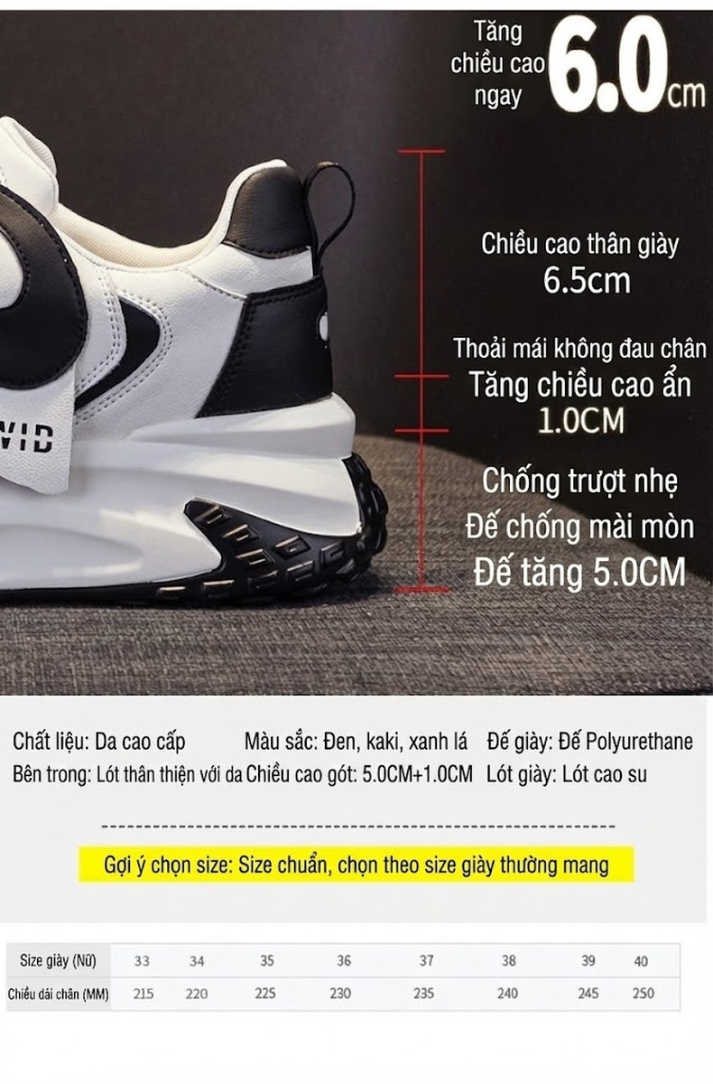Giày Thể Thao Nữ Đế Dày Tăng Chiều Cao Khoảng 5cm Phong Cách Hàn Quốc Màu Trắng, Đen, Hồng chi tiết 5