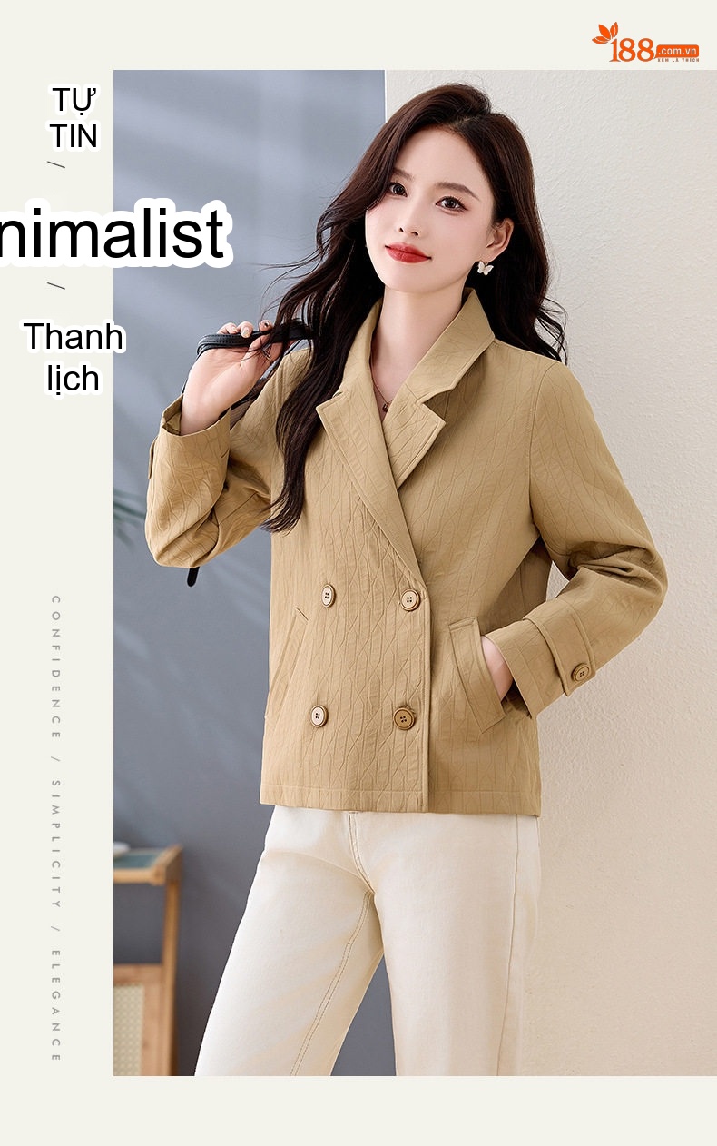 Áo Khoác Blazer Nữ Kiểu Hàn Quốc Dáng Ngắn Vải Gân Tăm Màu Be chi tiết 19
