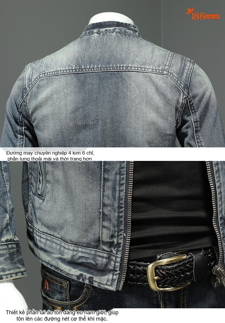 Áo Khoác Denim Nam Cổ Trụ Phong Cách Bụi Bặm Màu Xanh Denim chi tiết 8
