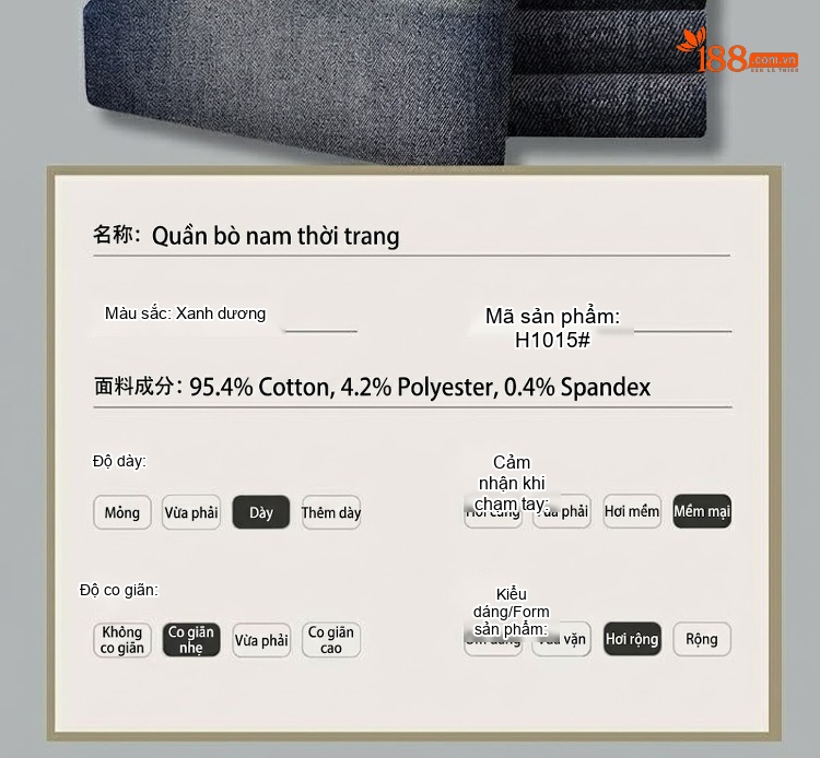 Quần Jean Nam Ống Đứng Co Giãn Vừa Vặn Phong Cách Retro Màu Xanh Denim chi tiết 10