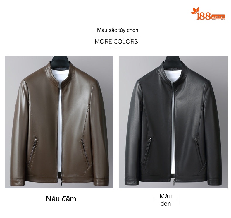 Áo Khoác Da Thật Nam Da Cừu Ôm Dáng Cổ Trụ Thời Trang Màu Đen, Nâu chi tiết 10