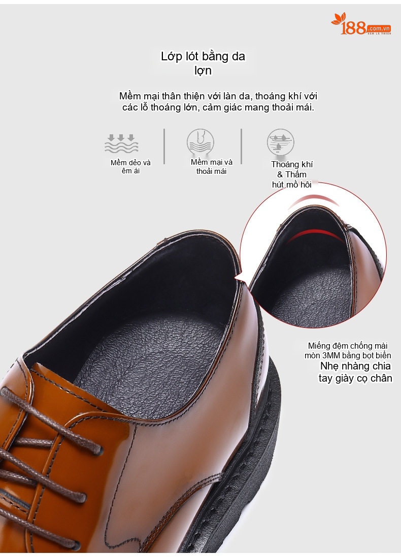 Giày Tây Buộc Dây Nam Da Bóng Chiều Cao Đế Khoảng 4cm Màu Đen, Nâu chi tiết 10