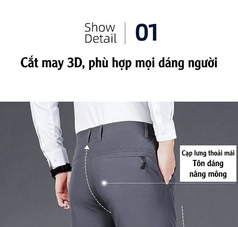 Quần Âu Nam Dáng Suông Co Giãn Thoải Mái Phong Cách Công Sở Màu Đen, Xám, Xanh Navy chi tiết 4