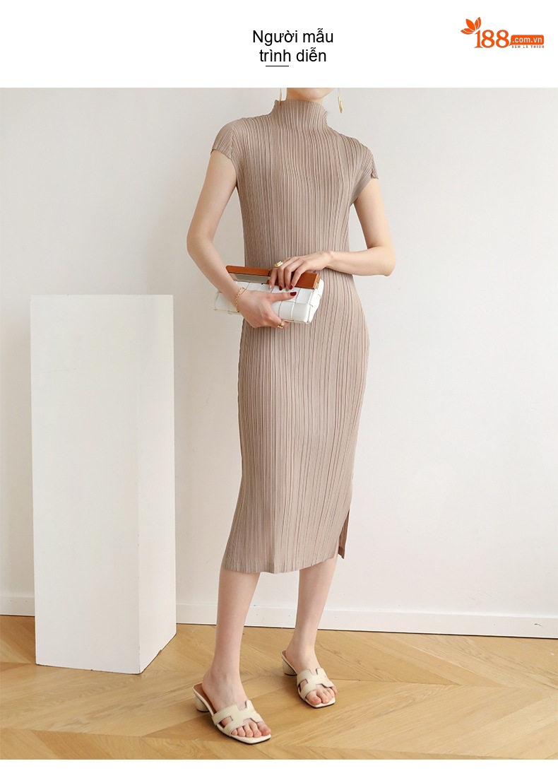 Váy Suông Nữ Pleats Dáng Dài Cổ Lọ Xẻ Tà Thiết Kế Thời Trang Màu Be, Xám, Đen, Xanh... chi tiết 6