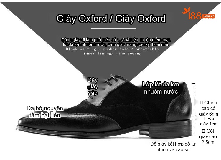 Giày Tây Buộc Dây Nam Da Bò Phối Nỉ Chiều Cao Đế Khoảng 3cm Màu Đen chi tiết 2