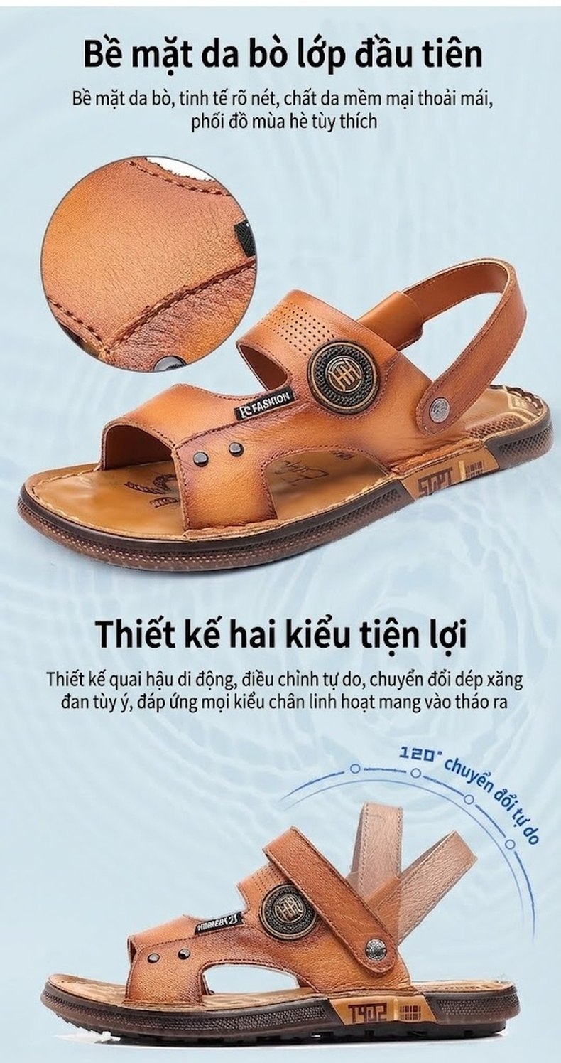 Dép Sandal Nam Da Thật Chống Trượt Thoáng Khí Chiều Cao Đế Khoảng 2cm Màu Nâu, Đen chi tiết 4