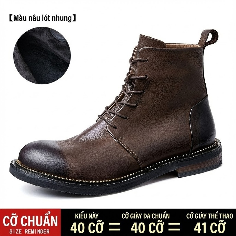 Giày Martin Da Bò Cổ Lửng Lót Lông Chiều Cao Đế Khoảng 3cm Màu Đen, Nâu