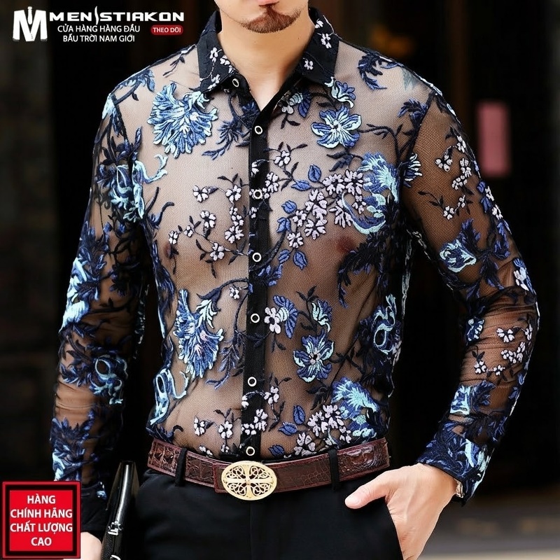 Áo Sơ Mi Nam Tay Ngắn Thêu Hoa Mỏng Thoáng Mát Phong Cách Trung Niên Màu Đen, Xanh Dương, Cam, Trắng...