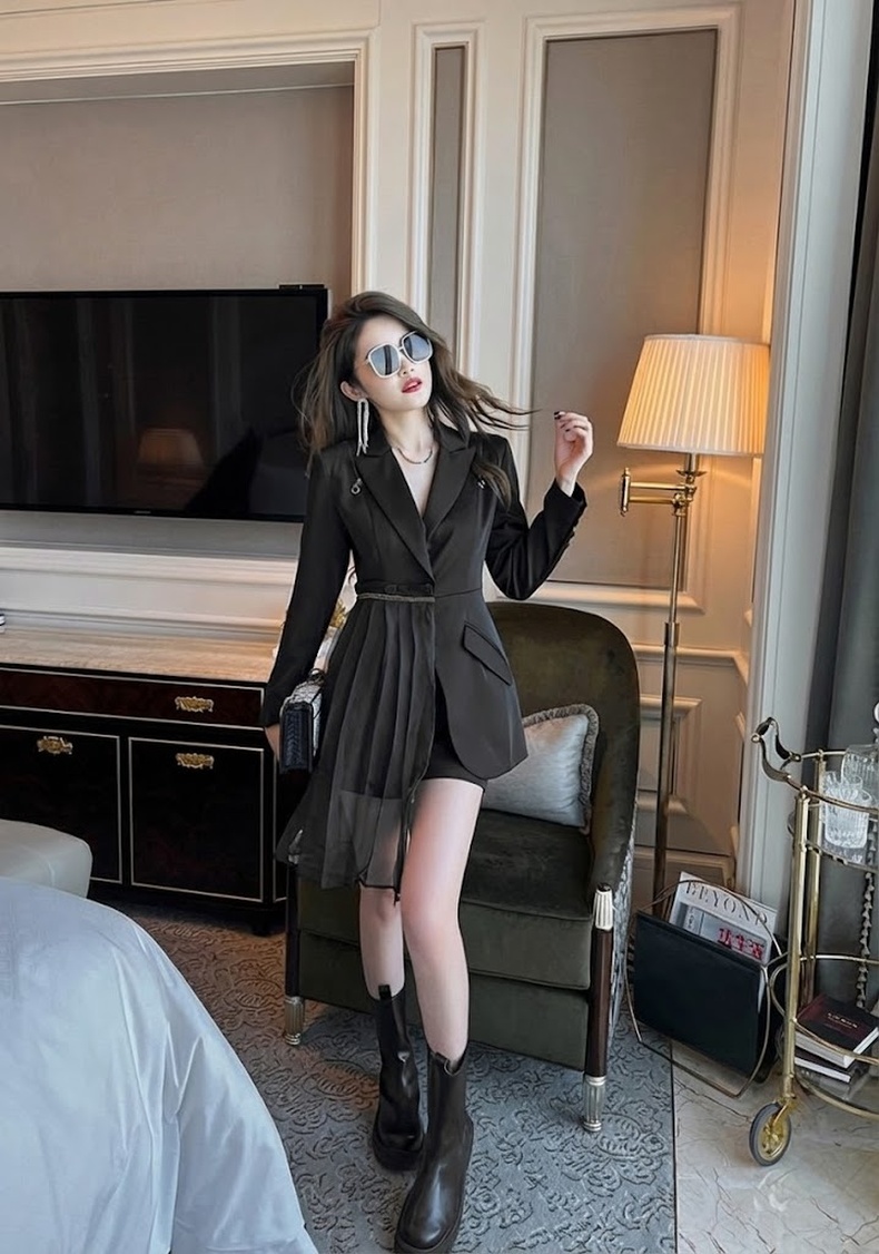 Đầm Vest Nữ Thiết Kế Tay Dài Cổ chữ Vest Chiết Eo Dáng Ngắn Màu Đen chi tiết 22