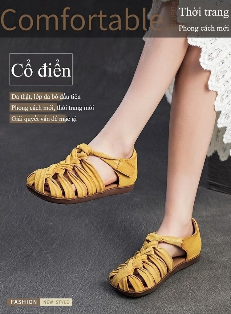 Dép Sandal Nữ Quai Dệt Thủ Công Đế Bệt Thoáng Khí Khóa Dán Phong Cách La Mã Đế Cao 3cm - 4cm Màu Vàng, Xanh Lá, Nâu chi tiết 1